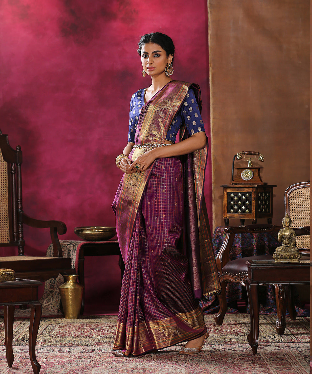 Purple_Handloom_Pure_Silk_Kanjivaram_Saree_With_Checks_And_Broad_Border_Saree_WeaverStory_02