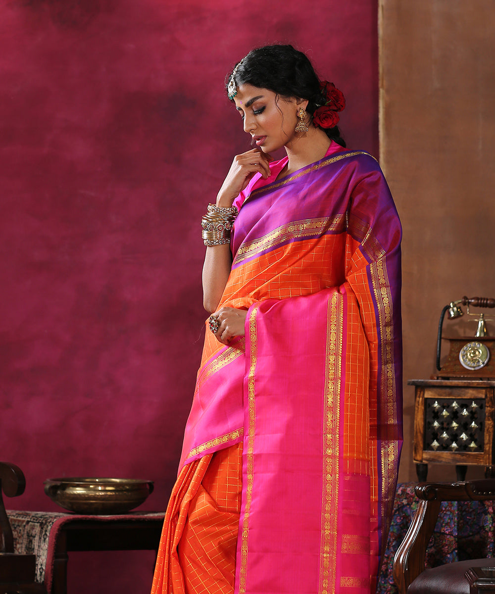 Orange_Handloom_Pure_Silk_Kanjivaram_Saree_With_Checks_And_Pink_And_Purple_Broad_Borders_WeaverStory_01