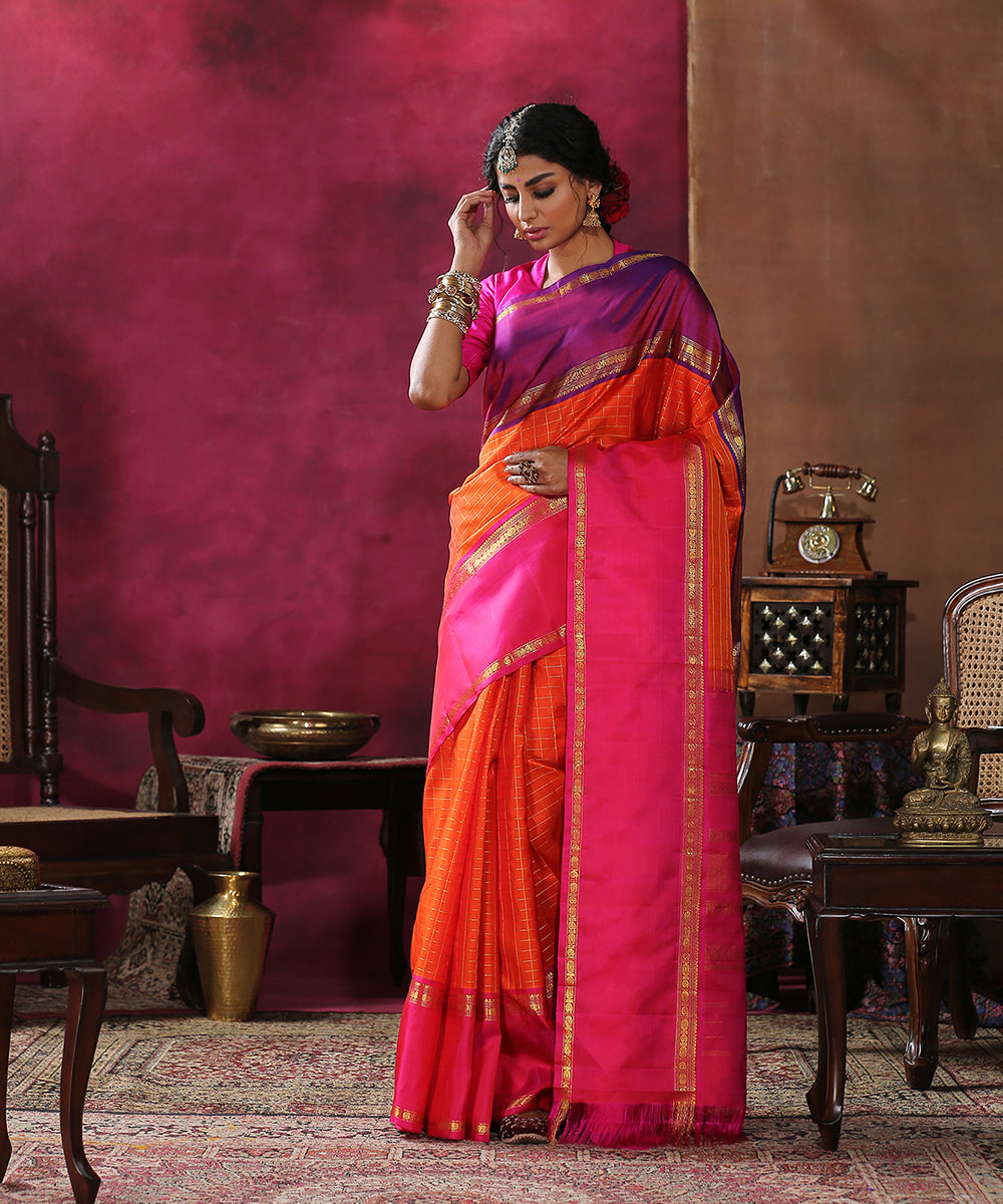 Orange_Handloom_Pure_Silk_Kanjivaram_Saree_With_Checks_And_Pink_And_Purple_Broad_Borders_WeaverStory_02