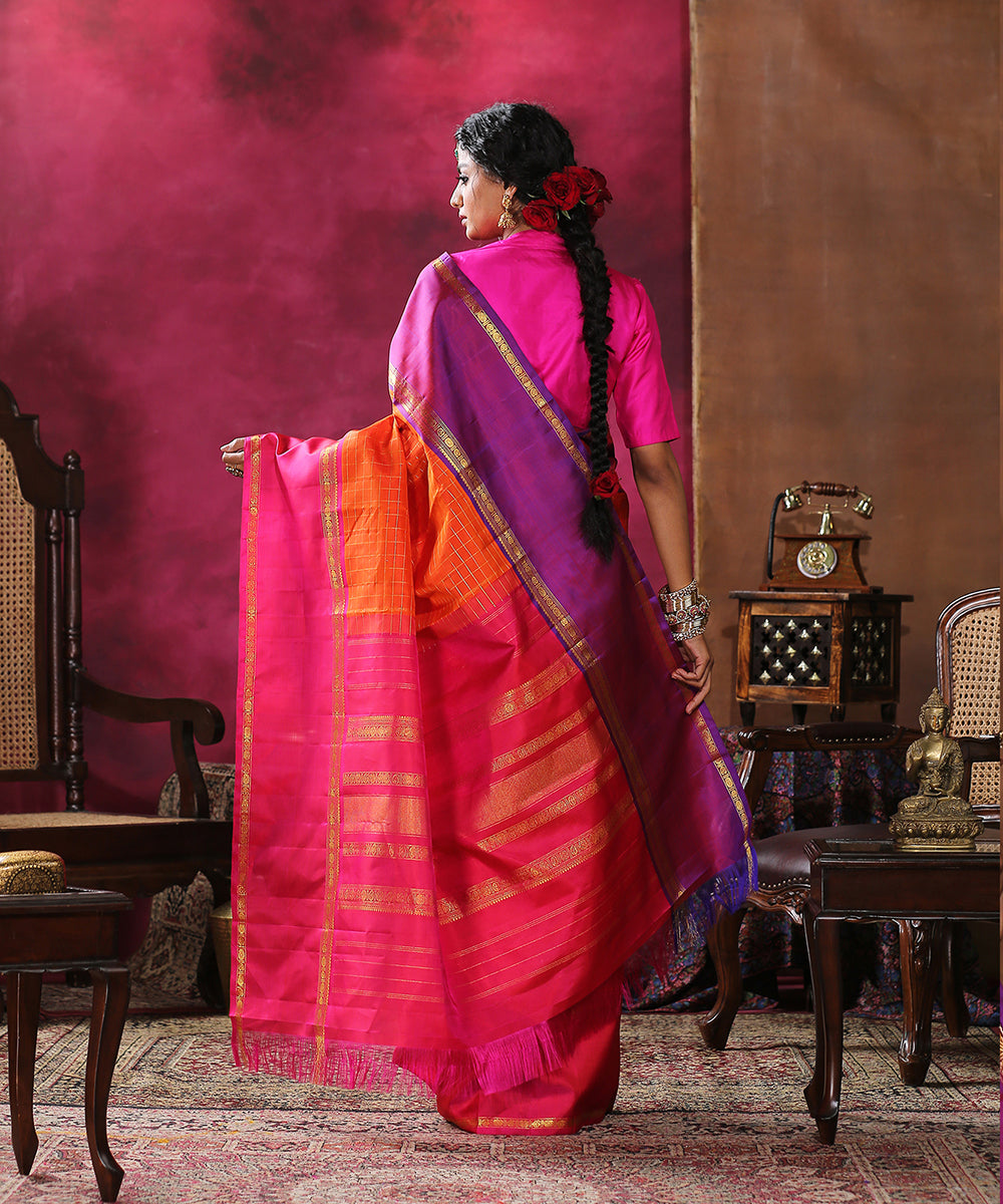 Orange_Handloom_Pure_Silk_Kanjivaram_Saree_With_Checks_And_Pink_And_Purple_Broad_Borders_WeaverStory_03