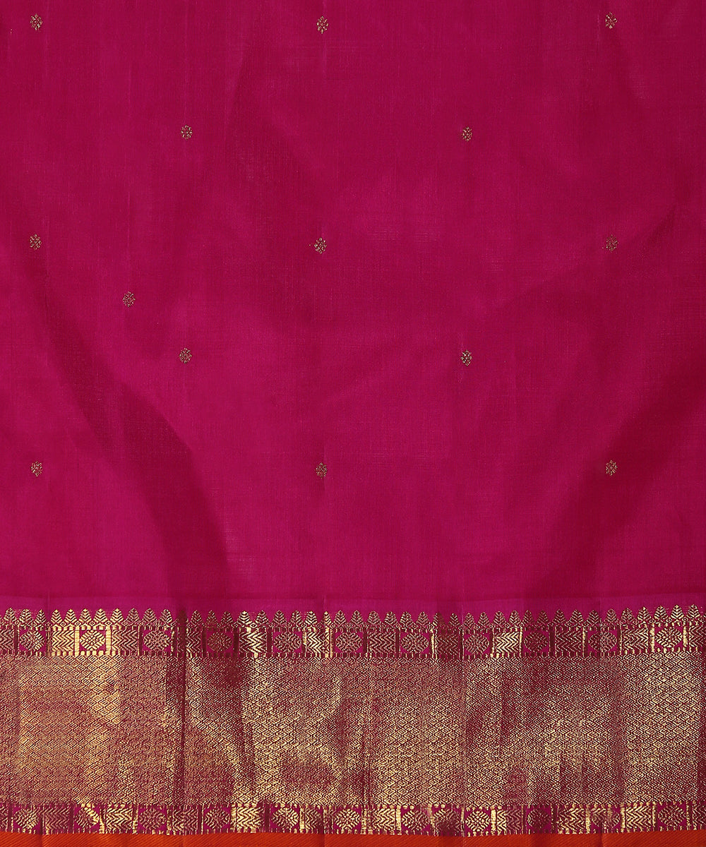 Handloom_Beige_Pure_Zari_Kanjivaram_Silk_Saree_With_Hot_Pink_Border_And_Orange_Selvedge_WeaverStory_05