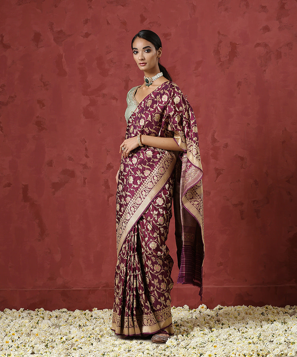 Wine_Handloom_Pure_Katan_Silk_Banarasi_Saree_with_Lotus_Flower_Motifs_WeaverStory_02