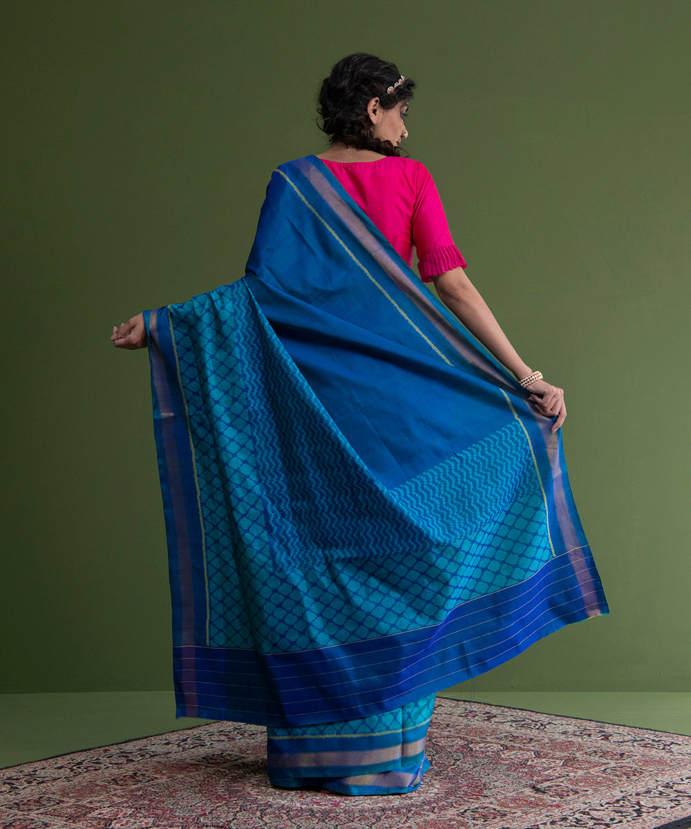 Handloom_Blue_Single_Ikat_Weft_Dyed_Mulberry_Silk_Patola_Saree_With_Royal_Blue_Border_WeaverStory_03
