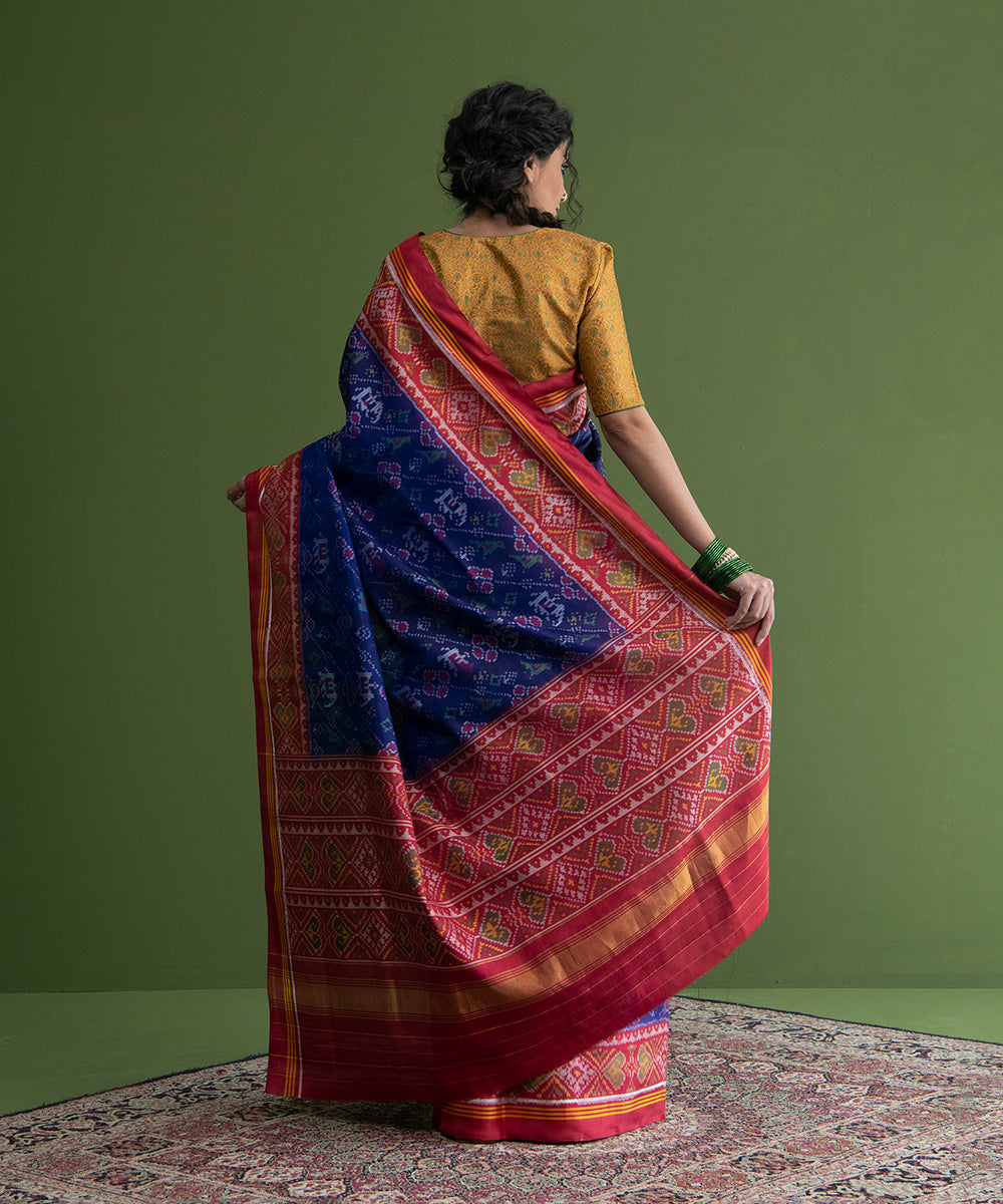 Handloom_Blue_And_Red_Ikat_Weft_Dye_8_Ply_Mulberry_Silk_Patola_Saree_WeaverStory_03