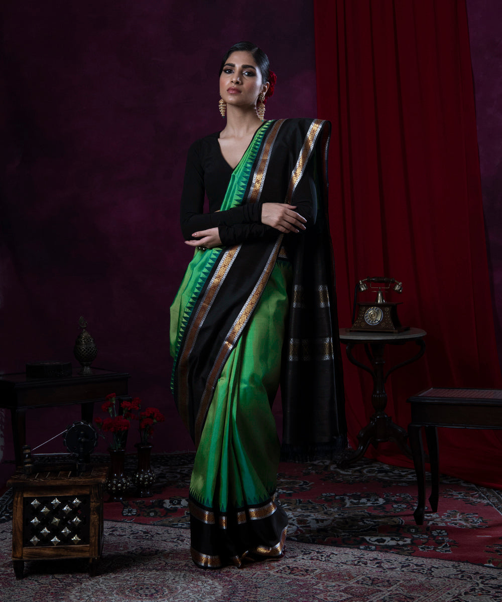 Sap_Green_Handloom_Pure_Silk_Kanjivaram_Saree_With_Black_Temple_Border_WeaverStory_02