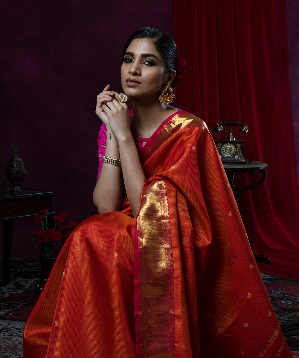 Orange_Handloom_Pure_Silk_Kanjivaram_Saree_With_Pure_Zari_Border_WeaverStory_01
