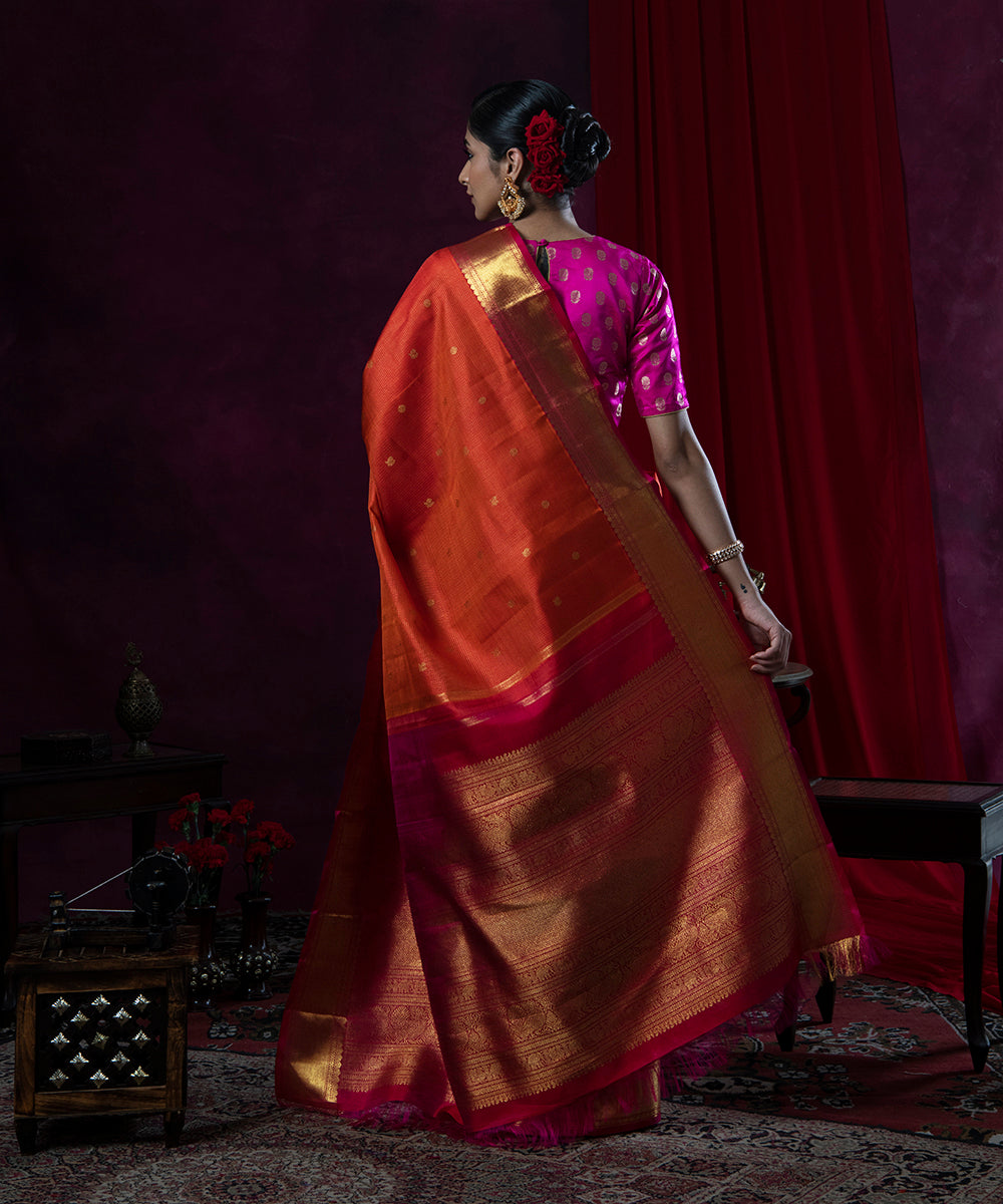 Orange_Handloom_Pure_Silk_Kanjivaram_Saree_With_Pure_Zari_Border_WeaverStory_03