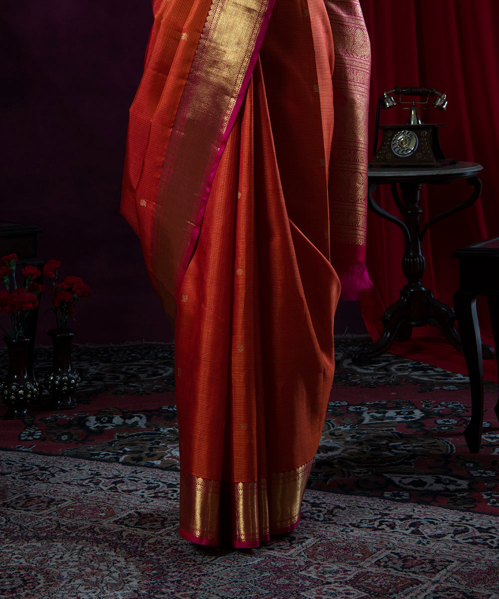 Orange_Handloom_Pure_Silk_Kanjivaram_Saree_With_Pure_Zari_Border_WeaverStory_04