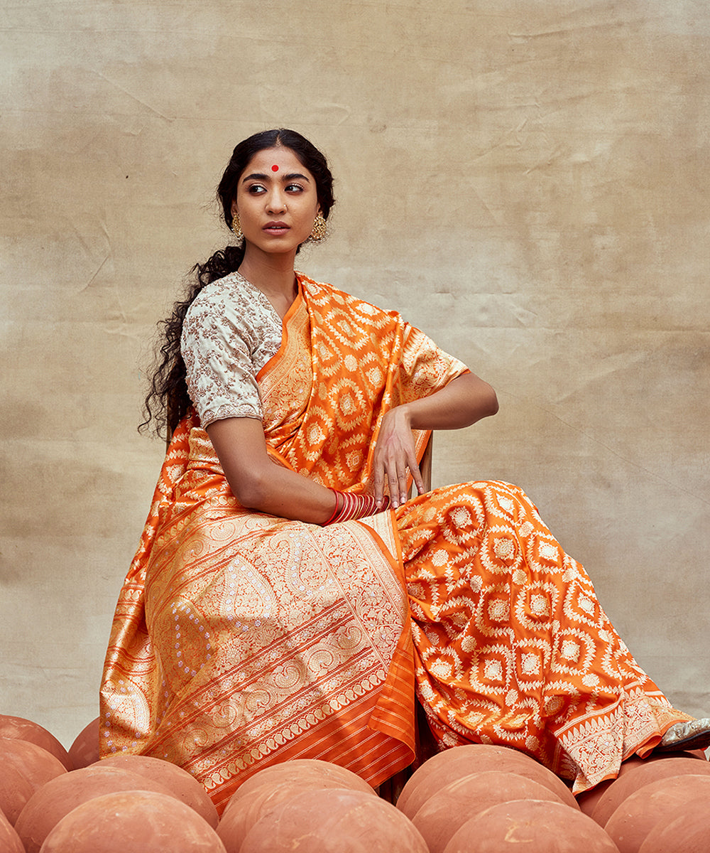 Orange_Handloom_Pure_Katan_Silk_Banarasi_Saree_With_Silver_Meenakari_WeaverStory_01