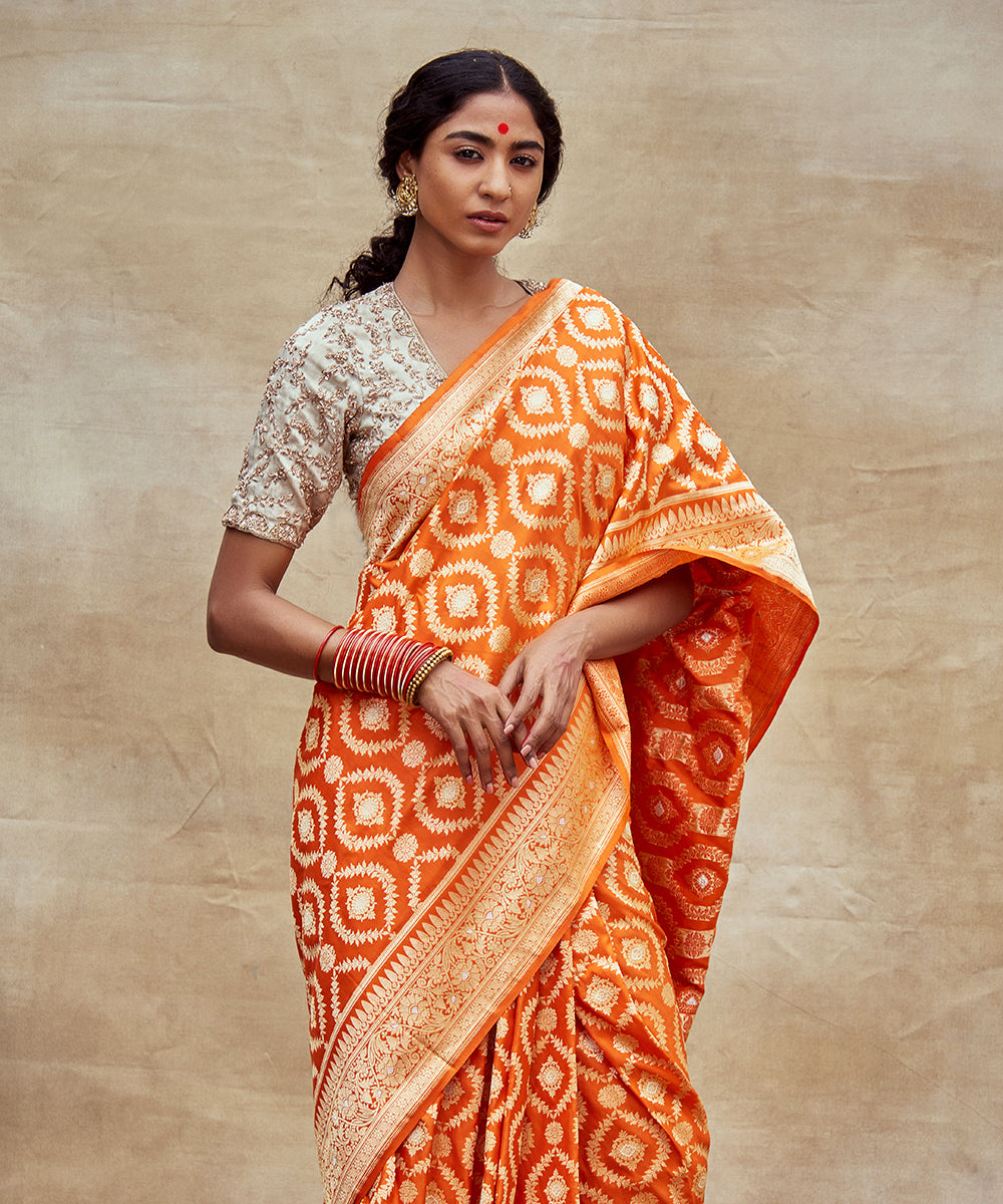 Orange_Handloom_Pure_Katan_Silk_Banarasi_Saree_With_Silver_Meenakari_WeaverStory_02
