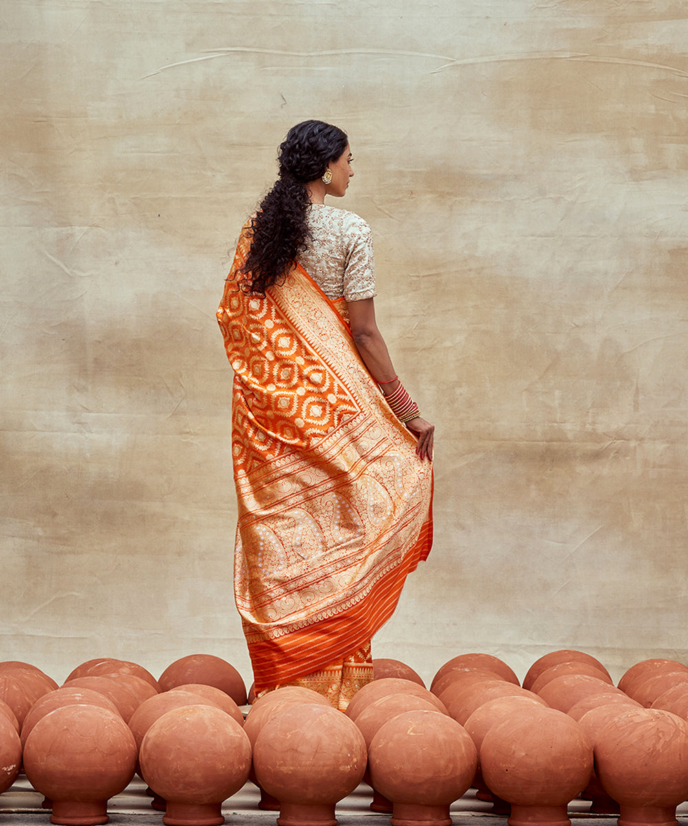 Orange_Handloom_Pure_Katan_Silk_Banarasi_Saree_With_Silver_Meenakari_WeaverStory_04