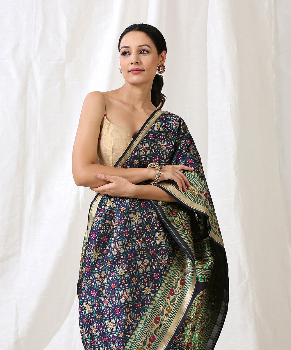 Handloom_Dark_Blue_Double_Warp_Pure_Katan_Silk_Banarasi_Patola_Saree_with_Meenakari_WeaverStory_01