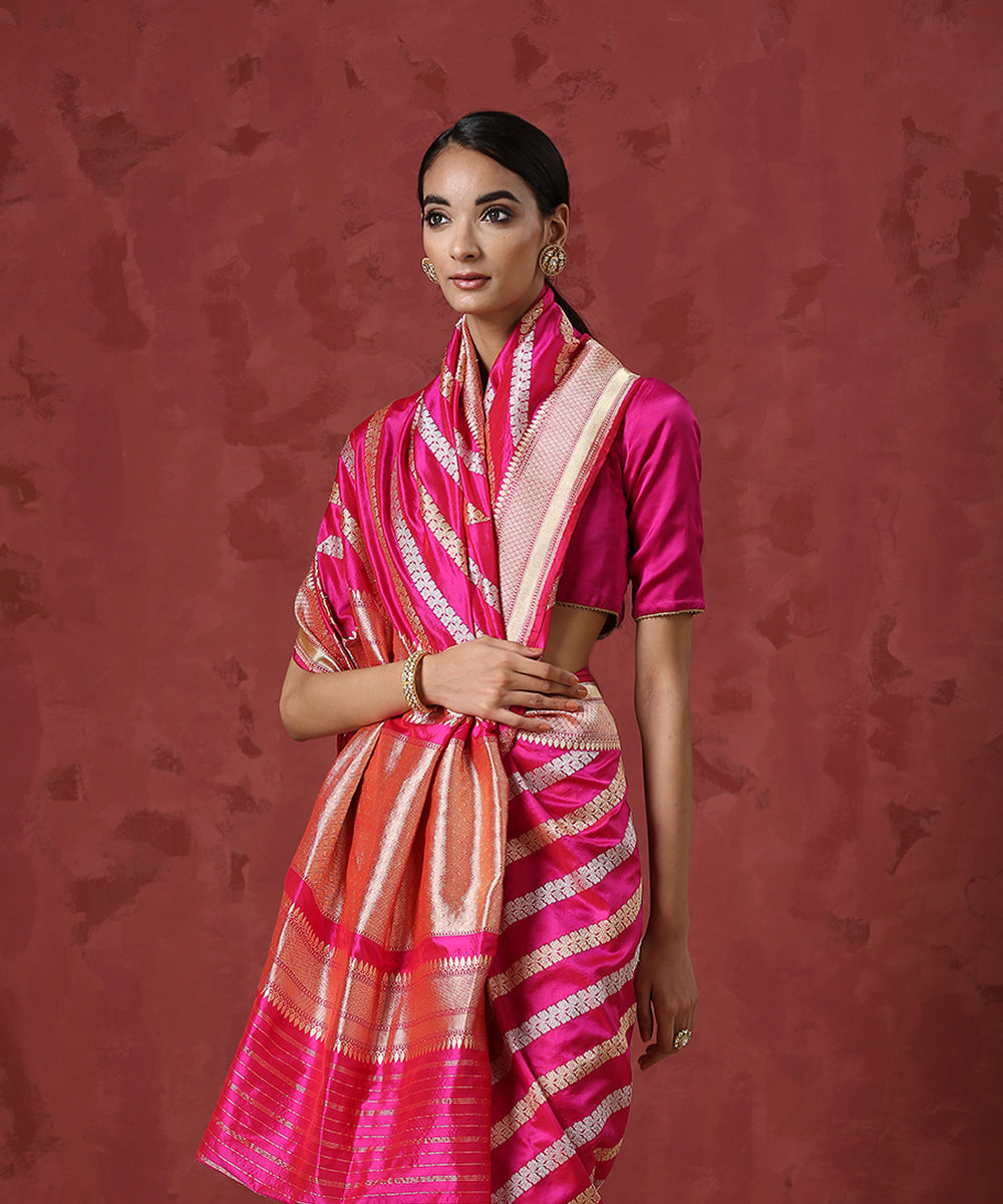 Handloom_Pink_Pure_Katan_Silk_Banarasi_Saree_With_Gold_and_Silver_Aada_Jaal_WeaverStory_01