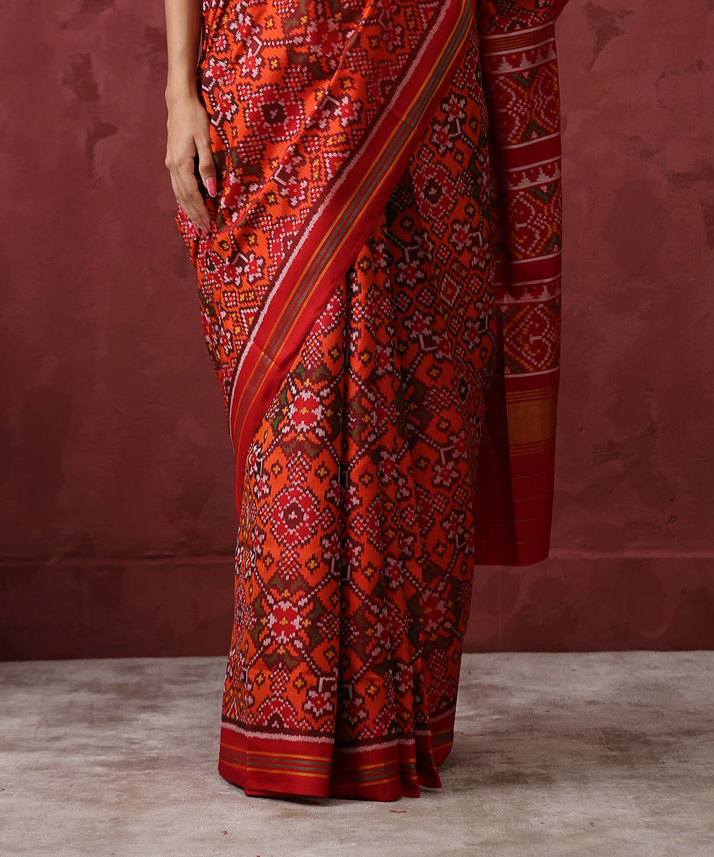 Handloom_Orange_8_Ply_Mulberry_Silk_Patola_Saree_With_Red_Border_And_Pallu_WeaverStory_04