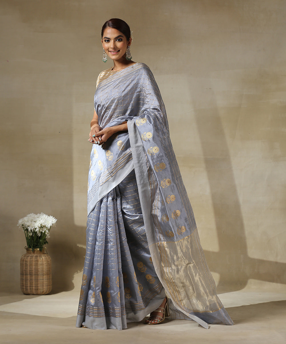 Blue_Handloom_Chanderi_Silk_Saree_With_Zari_Checks_And_Flower_Motifs_WeaverStory_02