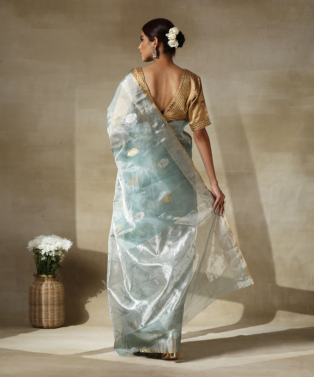 Handloom_Blue_And_Silver_Tissue_Chanderi_Saree_With_Silver_Booti_WeaverStory_03