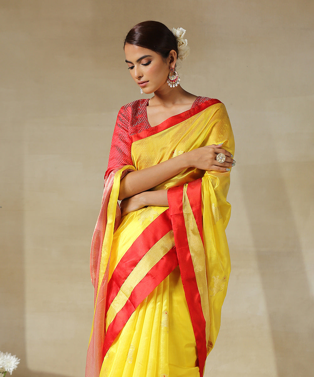 Yellow_Handloom_Chanderi_Silk_Saree_With_Eknaliya_Lion_Motifs_And_Red_Mashroo_Border_WeaverStory_01