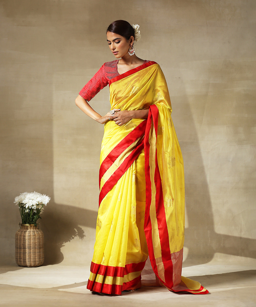 Yellow_Handloom_Chanderi_Silk_Saree_With_Eknaliya_Lion_Motifs_And_Red_Mashroo_Border_WeaverStory_02