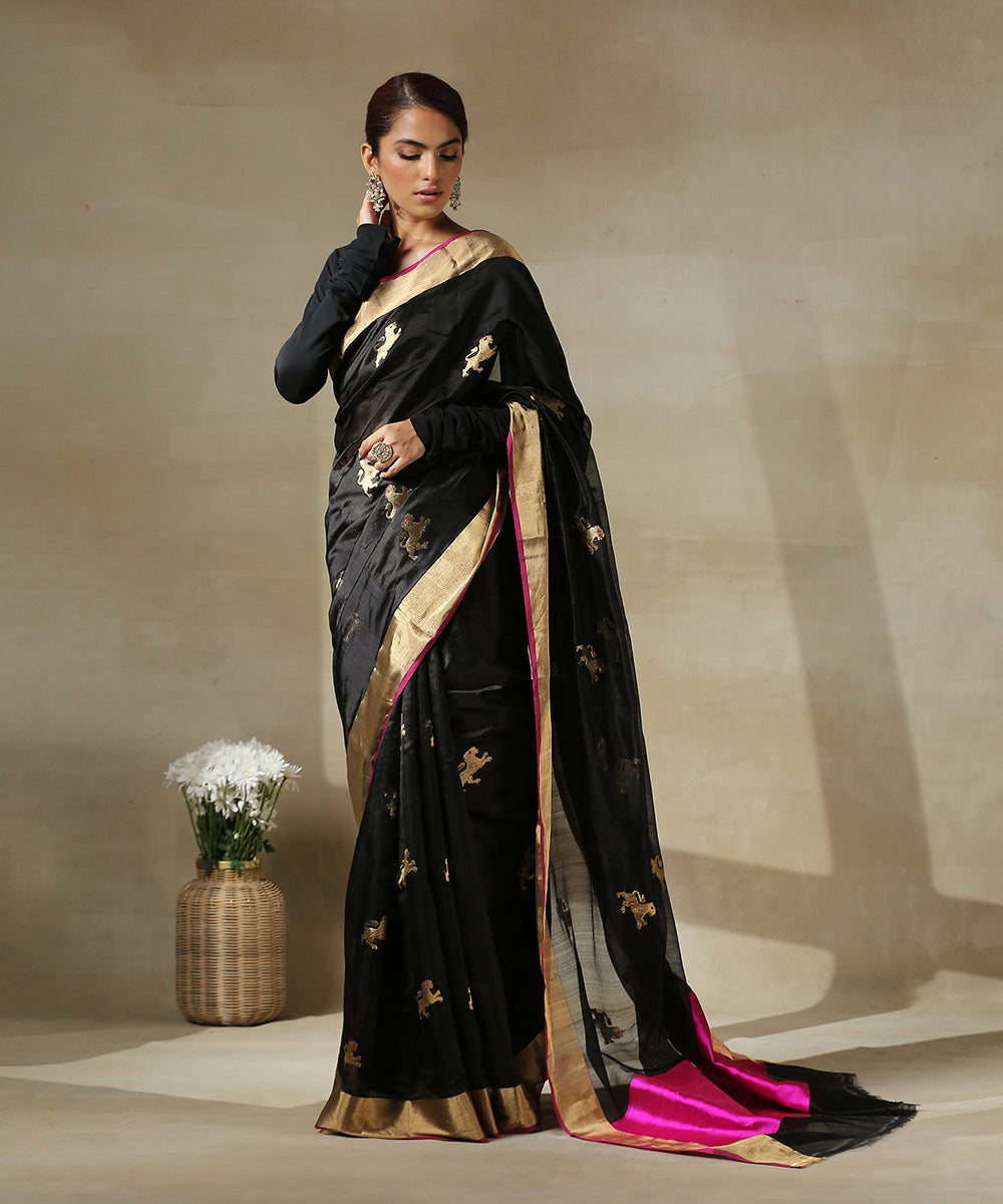 Handloom_Black_Chanderi_Silk_Saree_With_Eknaliya_Lion_Motifs_And_Zari_Border_WeaverStory_02