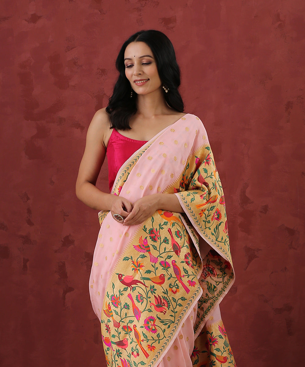 Handloom_Peach_Georgette_Banarasi_Saree_With_Paithani_Shikargah_Border_and_Pallu_WeaverStory_01