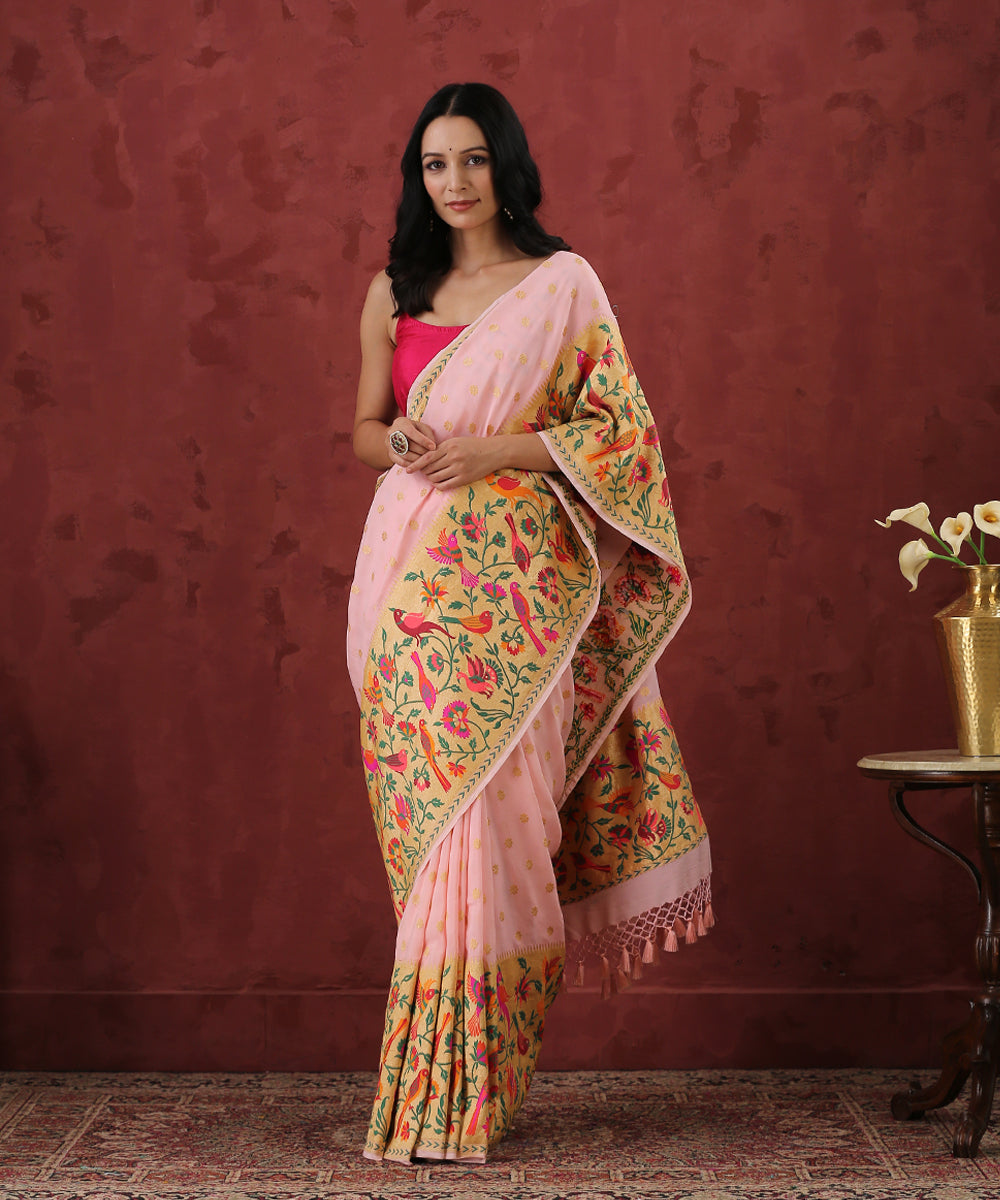 Handloom_Peach_Georgette_Banarasi_Saree_With_Paithani_Shikargah_Border_and_Pallu_WeaverStory_02