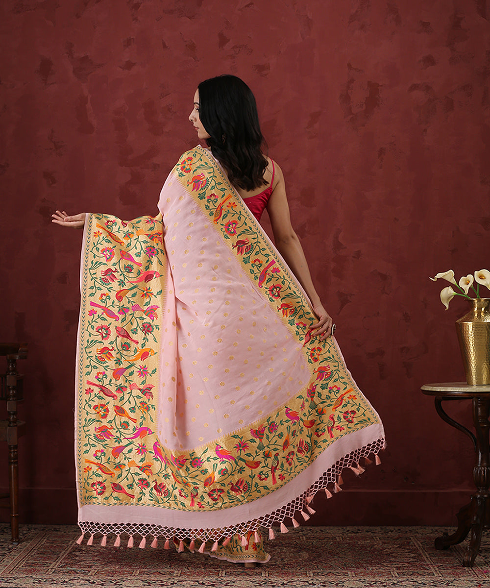 Handloom_Peach_Georgette_Banarasi_Saree_With_Paithani_Shikargah_Border_and_Pallu_WeaverStory_03