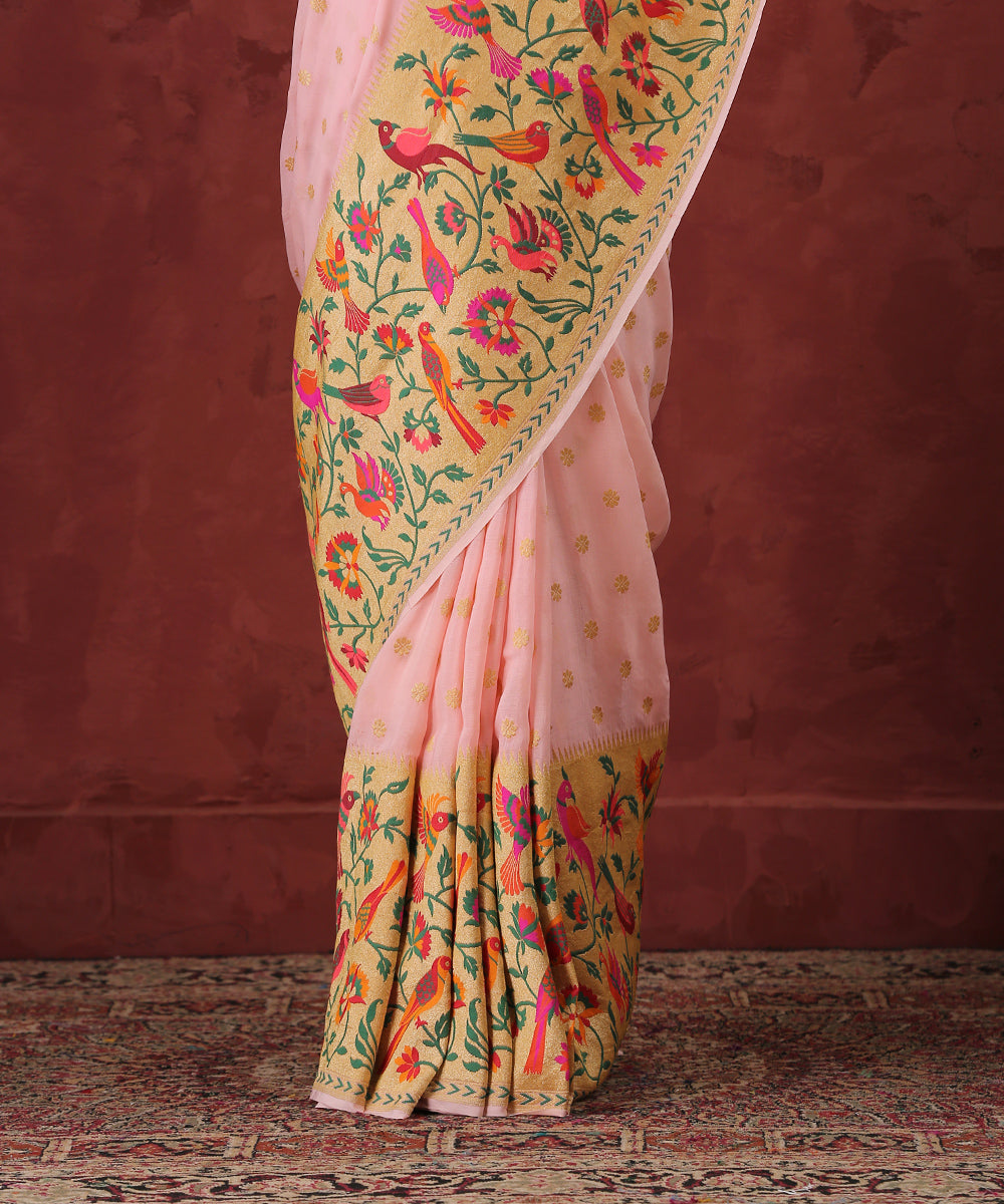 Handloom_Peach_Georgette_Banarasi_Saree_With_Paithani_Shikargah_Border_and_Pallu_WeaverStory_04