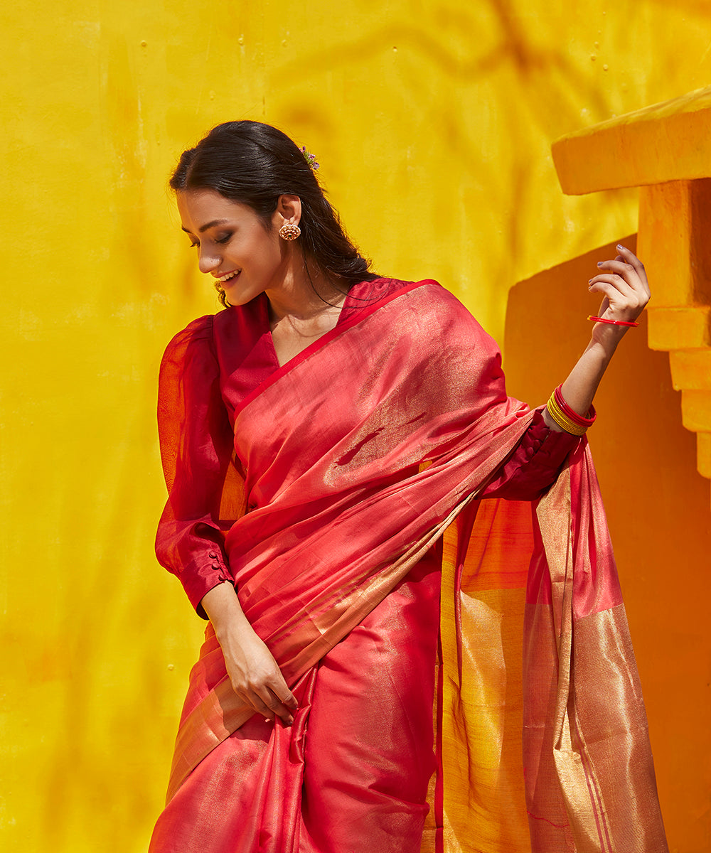 Rust Red Handloom Plain Tissue Silk Chanderi Saree With Zari Border ...