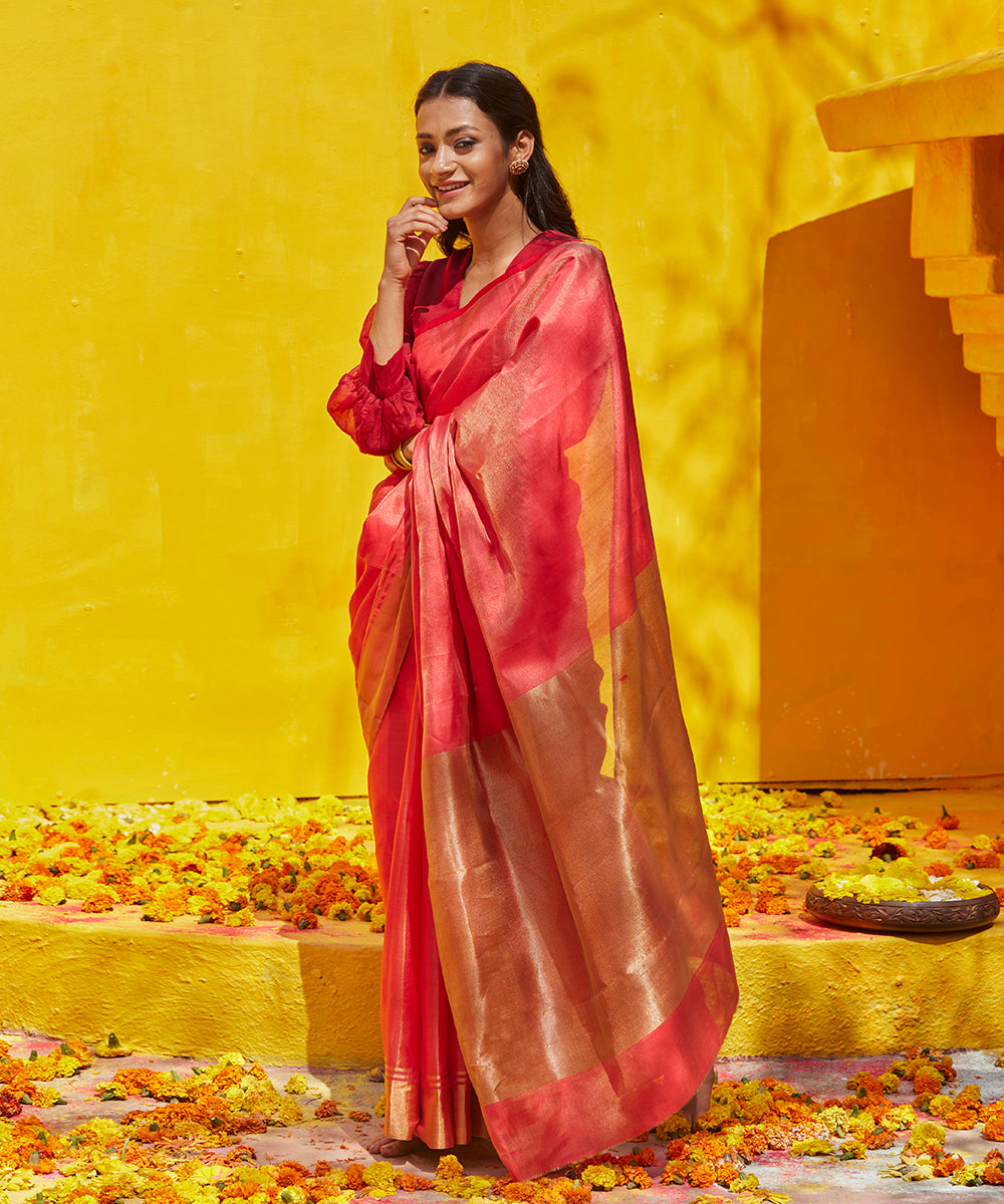 Rust_Red_Handloom_Plain_Tissue_Silk_Chanderi_Saree_With_Zari_Border_WeaverStory_02