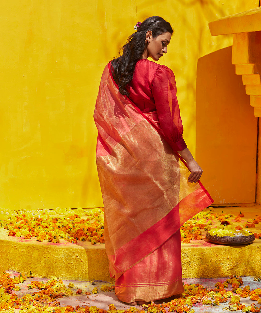 Rust_Red_Handloom_Plain_Tissue_Silk_Chanderi_Saree_With_Zari_Border_WeaverStory_03