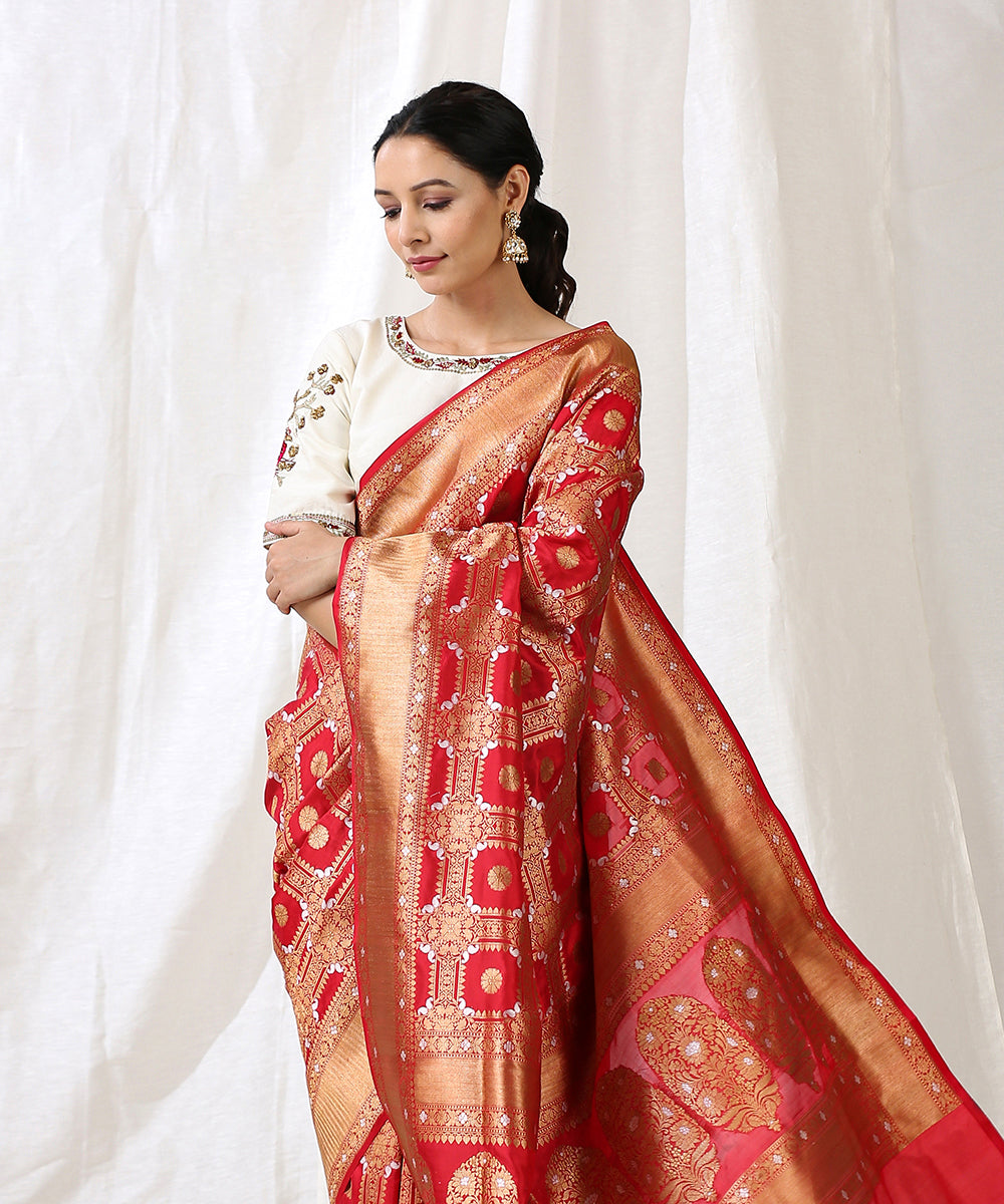 Red_Handloom_Pure_Katan_Silk_Banarasi_Saree_with_Square_Cutwork_Jaal_WeaverStory_01