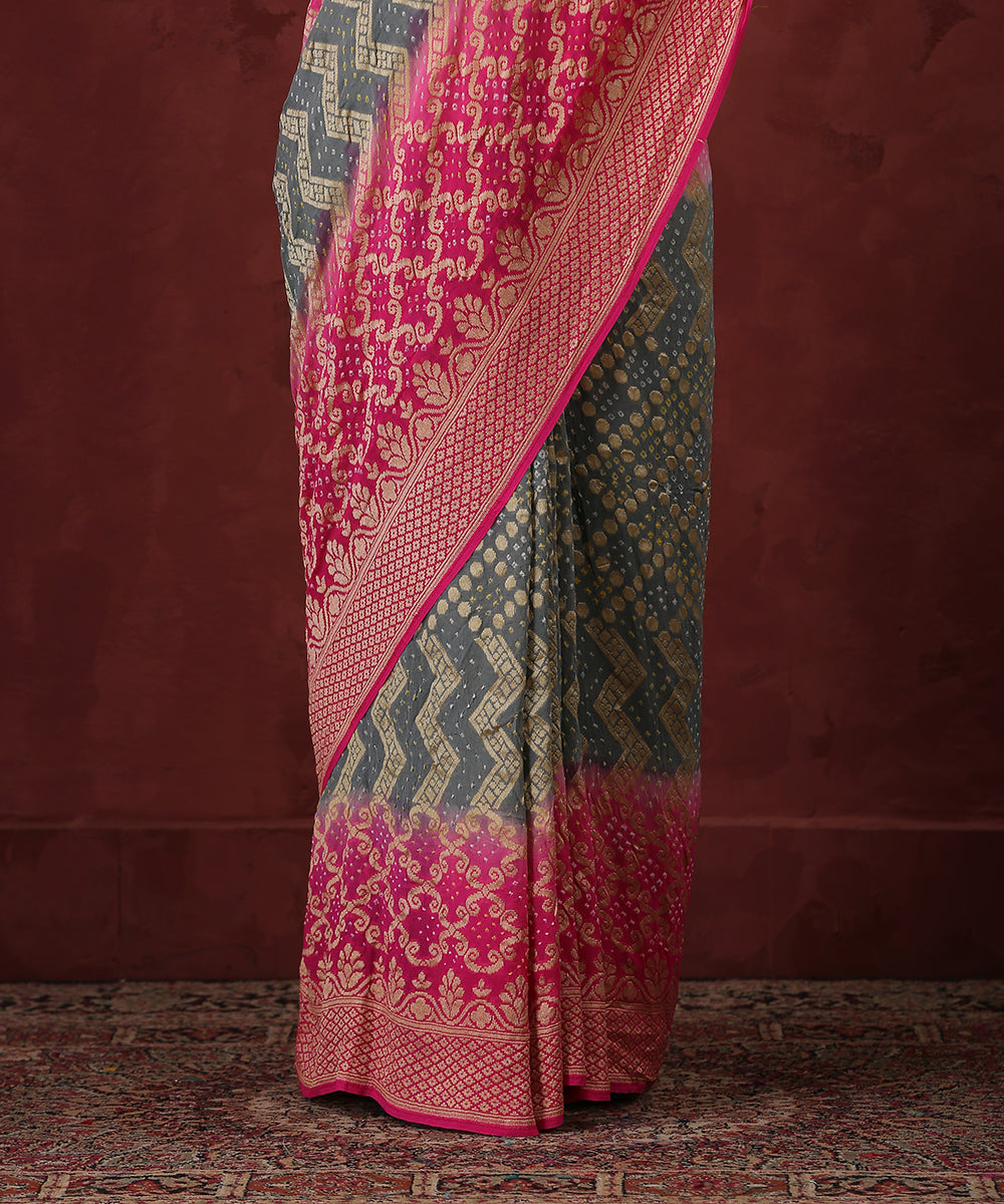 Pink_And_Grey_Handloom_Georgette_Banarasi_Bandhej_Saree_With_Cutwork_Weave_WeaverStory_04