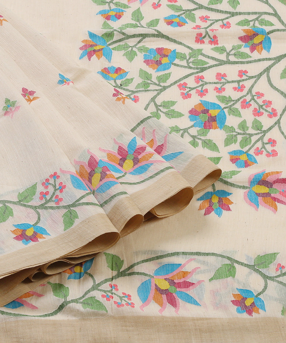 Handloom_Offwhite_Cotton_Jamdani_Saree_With_Tree_Design_Pallu_WeaverStory_02