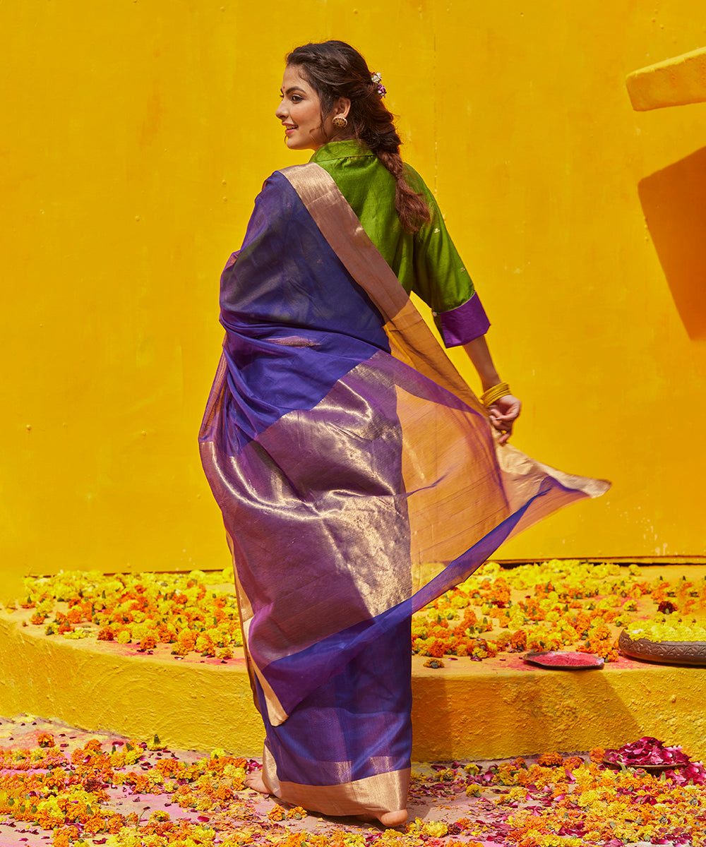 Ink_Blue_Handloom_Plain_Cotton_Chanderi_Saree_With_Zari_Border_WeaverStory_03