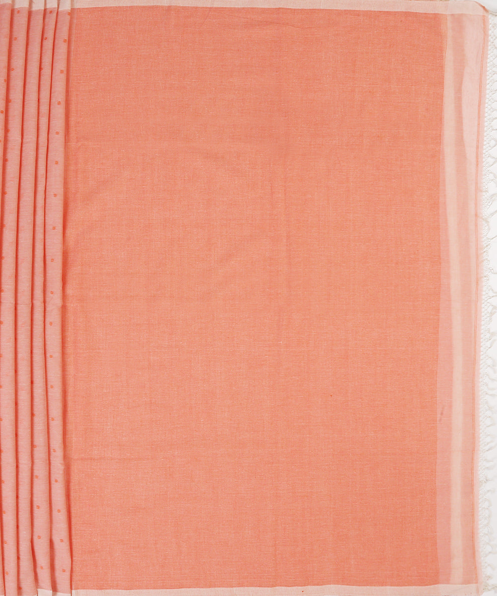 Dark_Peach_Handloom_MulMul_Jamdani_Saree_With_Orange_Booti_WeaverStory_04