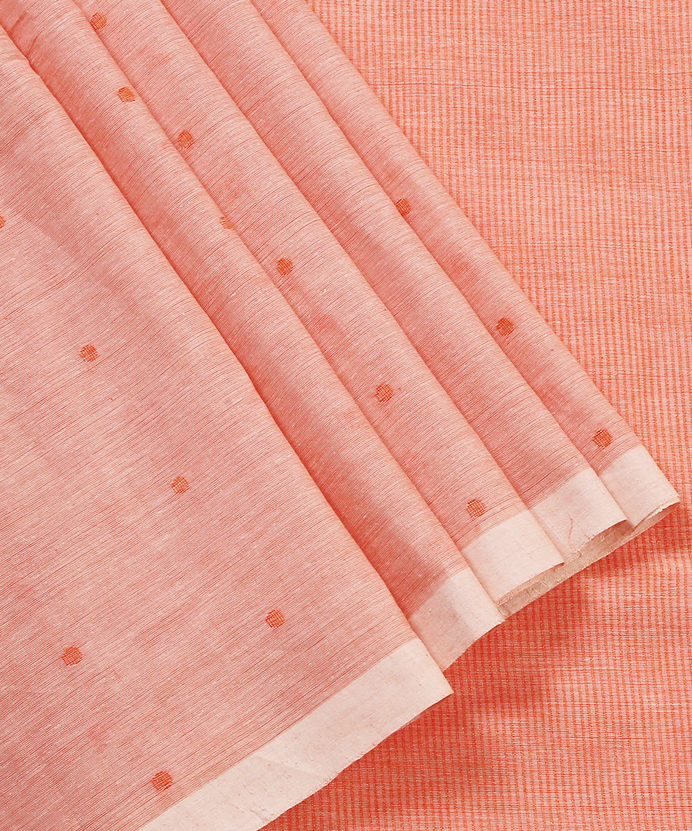 Dark_Peach_Handloom_MulMul_Jamdani_Saree_With_Orange_Booti_WeaverStory_02