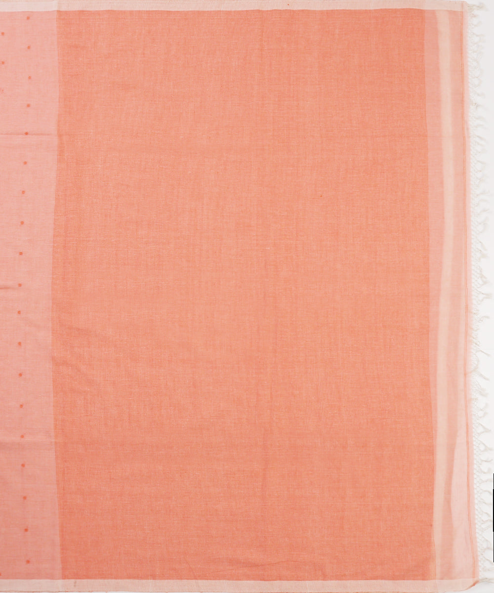 Dark_Peach_Handloom_MulMul_Jamdani_Saree_With_Orange_Booti_WeaverStory_05