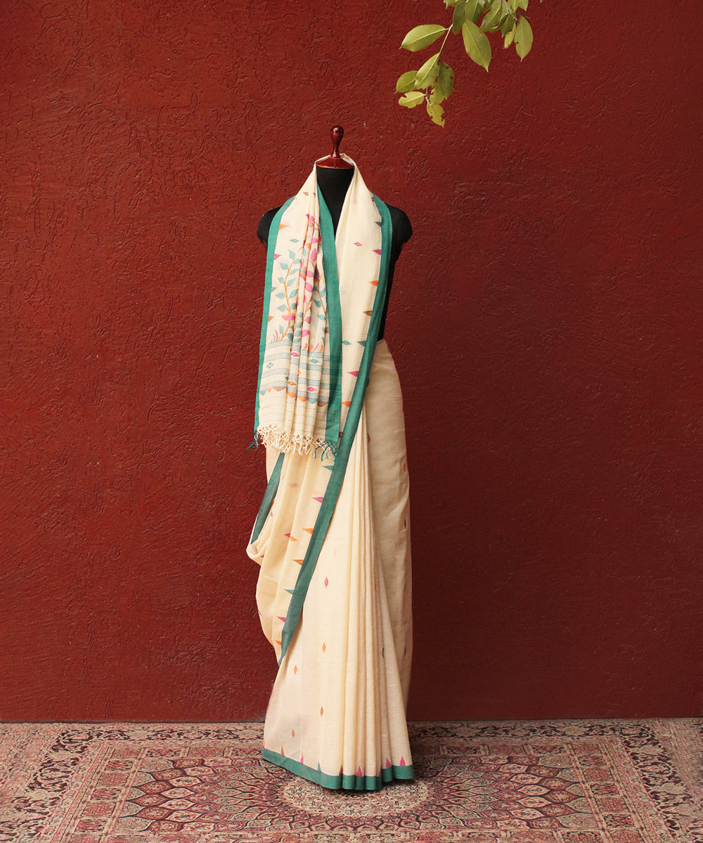 Cream_Handloom_Cotton_Jamdani_Saree_With_Leaf_Pallu_WeaverStory_03