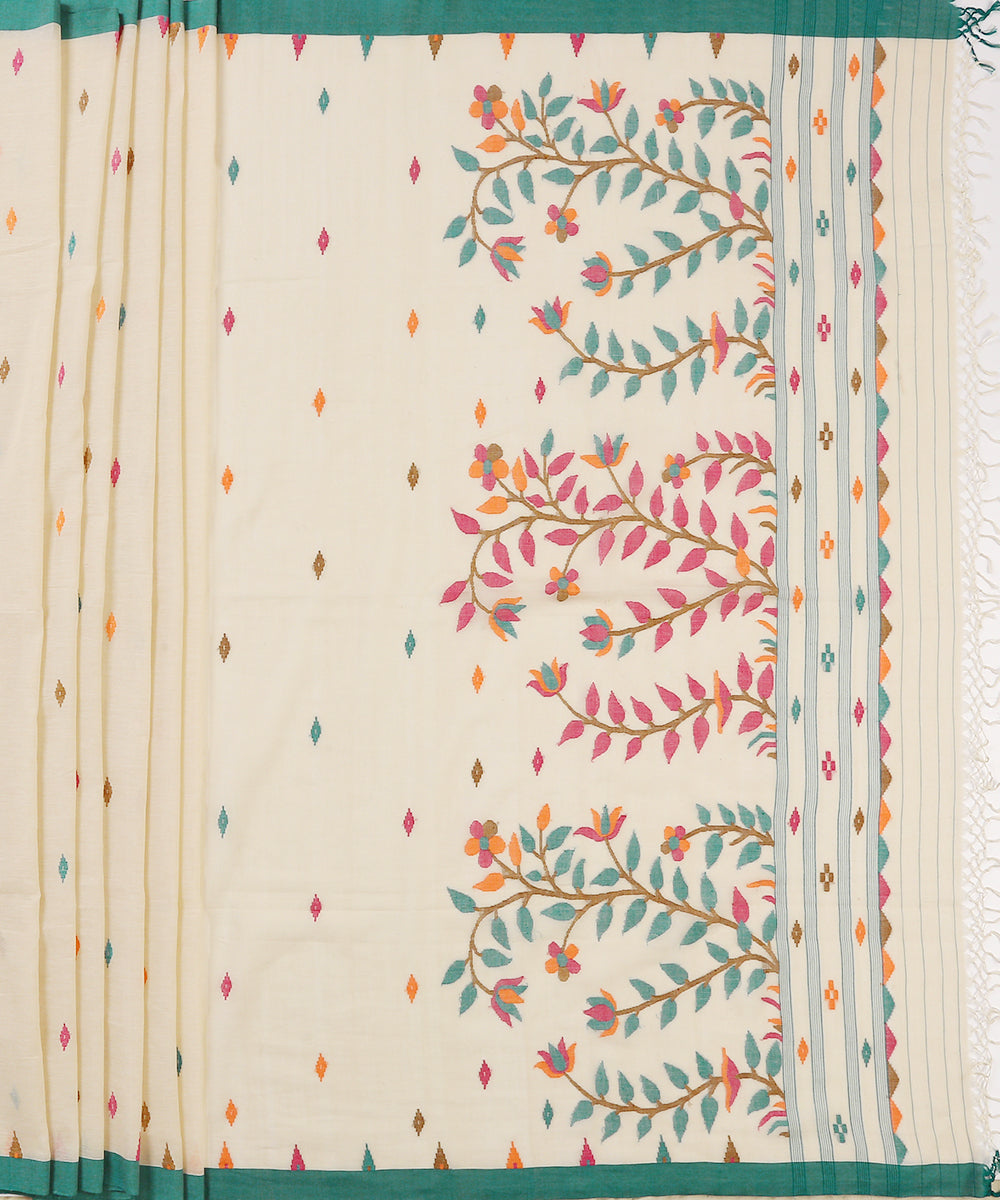 Cream_Handloom_Cotton_Jamdani_Saree_With_Leaf_Pallu_WeaverStory_04