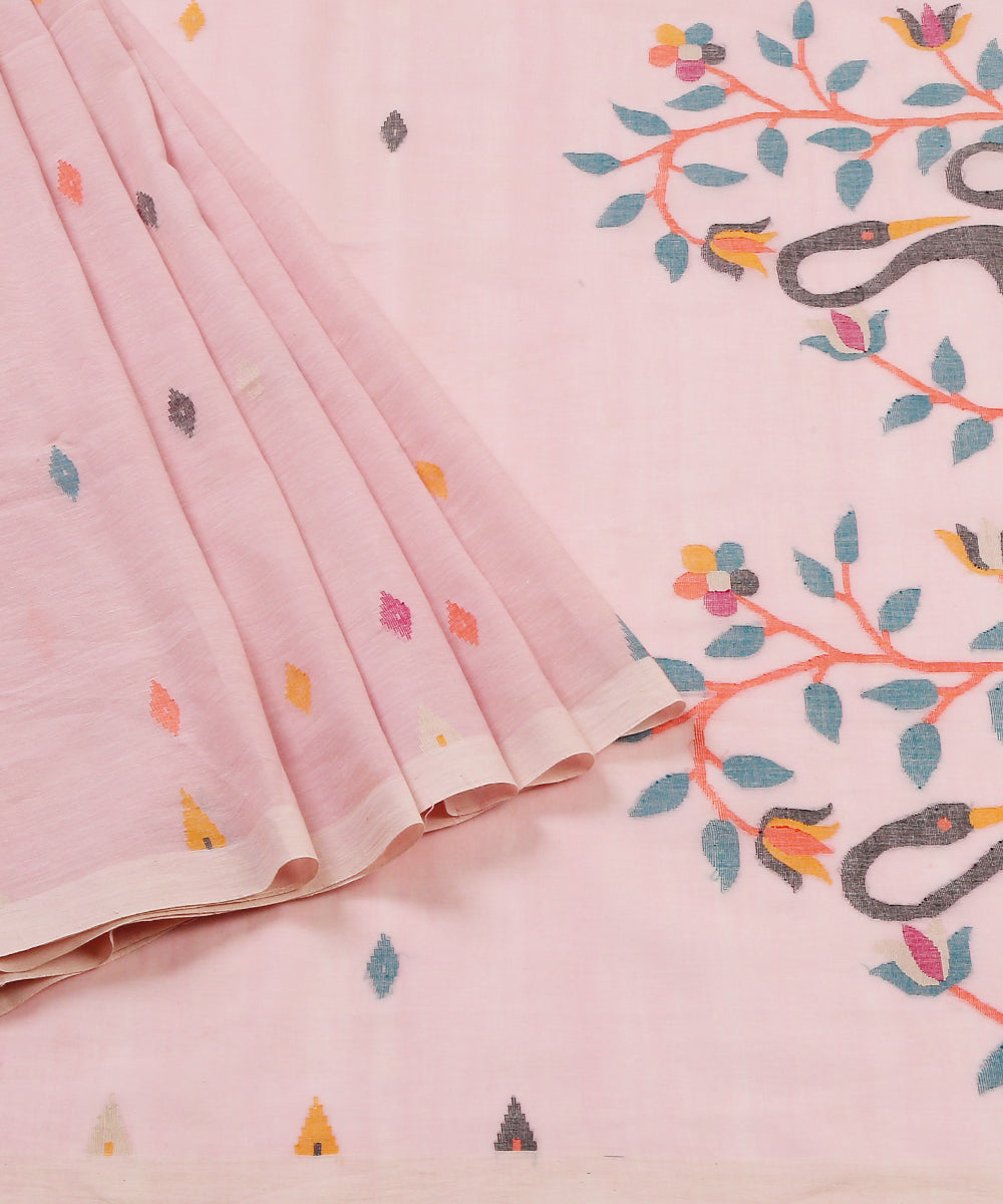Handloom_Baby_Pink_Cotton_Jamdani_Saree_With_Duck_Motifs_On_Pallu_WeaverStory_01