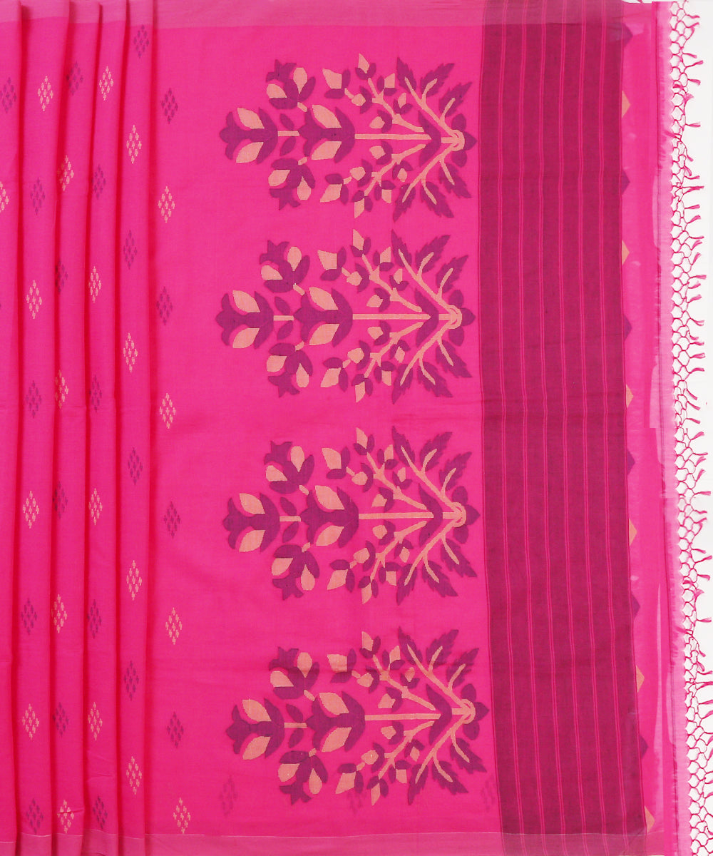 Hot_Pink_Handloom_Cotton_Jamdani_Saree_With_Guldasta_Woven_On_Pallu_WeaverStory_04