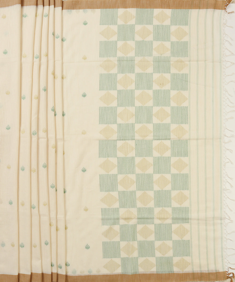 White_Handloom_Cotton_Jamdani_Saree_With_Multi_Color_Booti_WeaverStory_04