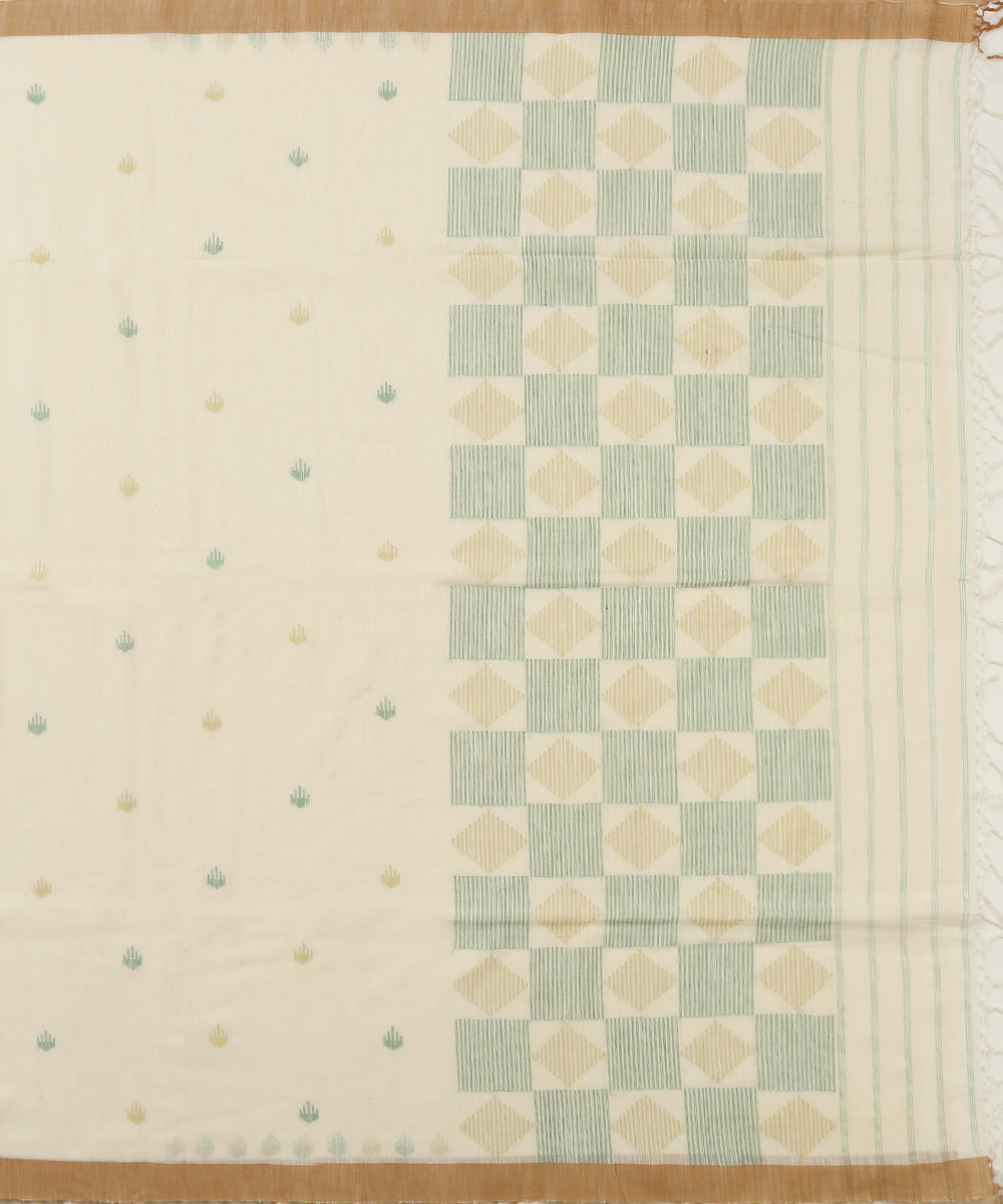 White_Handloom_Cotton_Jamdani_Saree_With_Multi_Color_Booti_WeaverStory_05