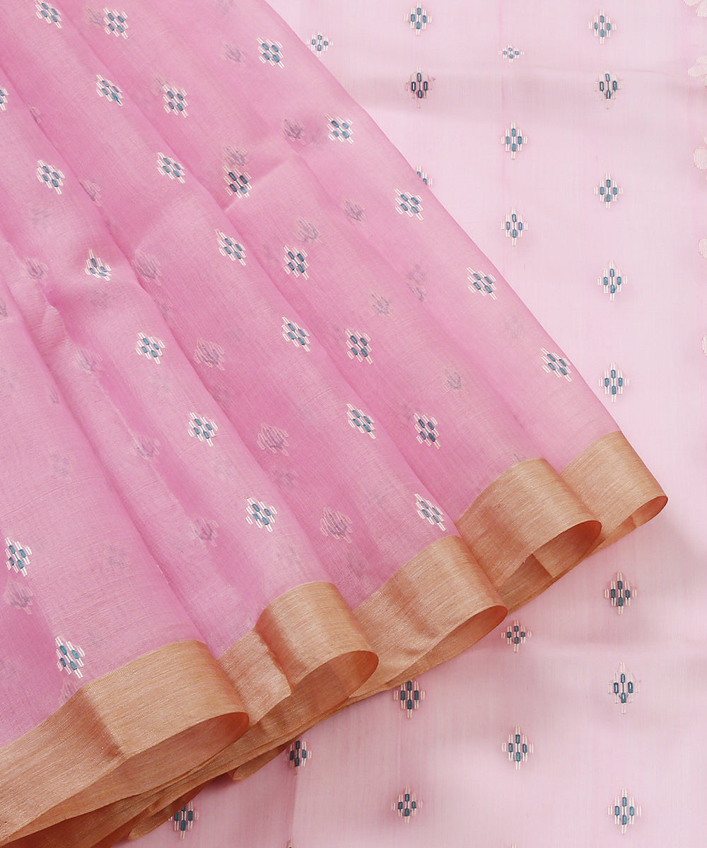 Pink_Handloom_Silk_Muslin_Jamdani_Saree_With_Green_Booti_WeaverStory_02