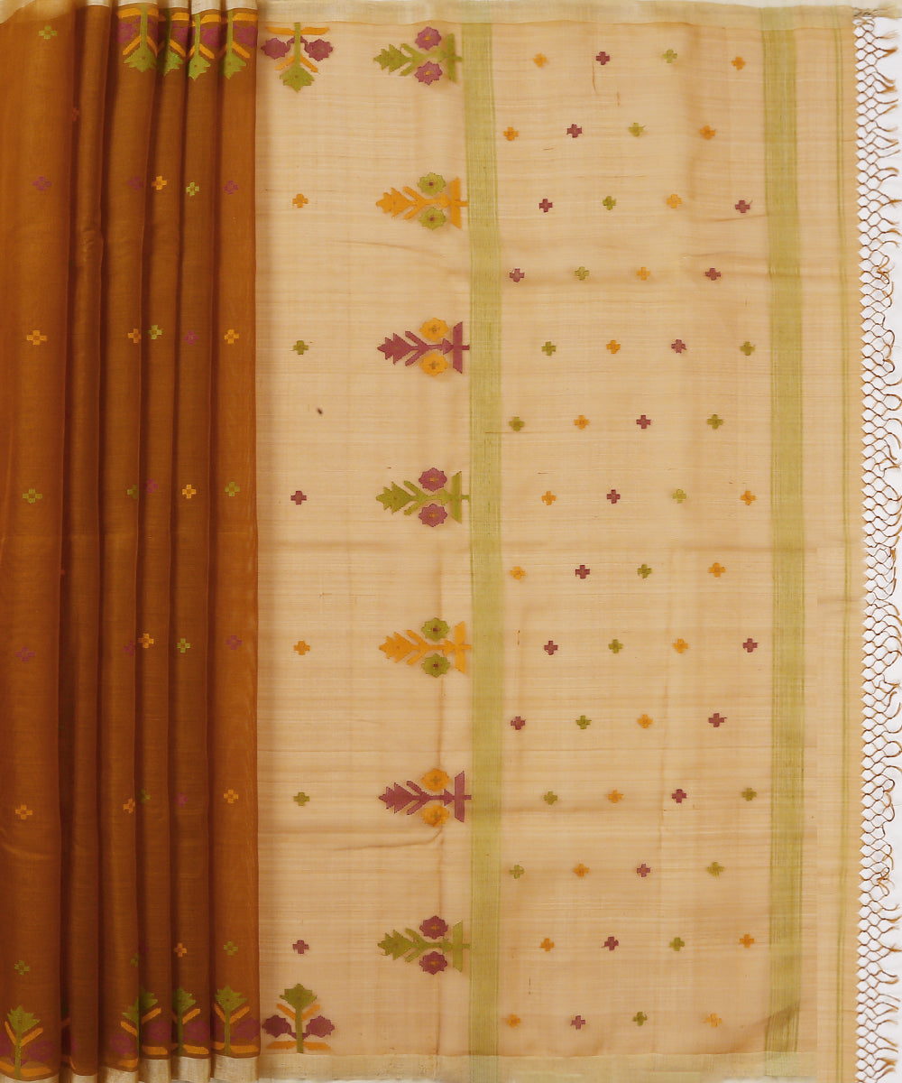 Mustard_Handloom_Silk_Muslin_Jamdani_Saree_With_Floral_Border_WeaverStory_04