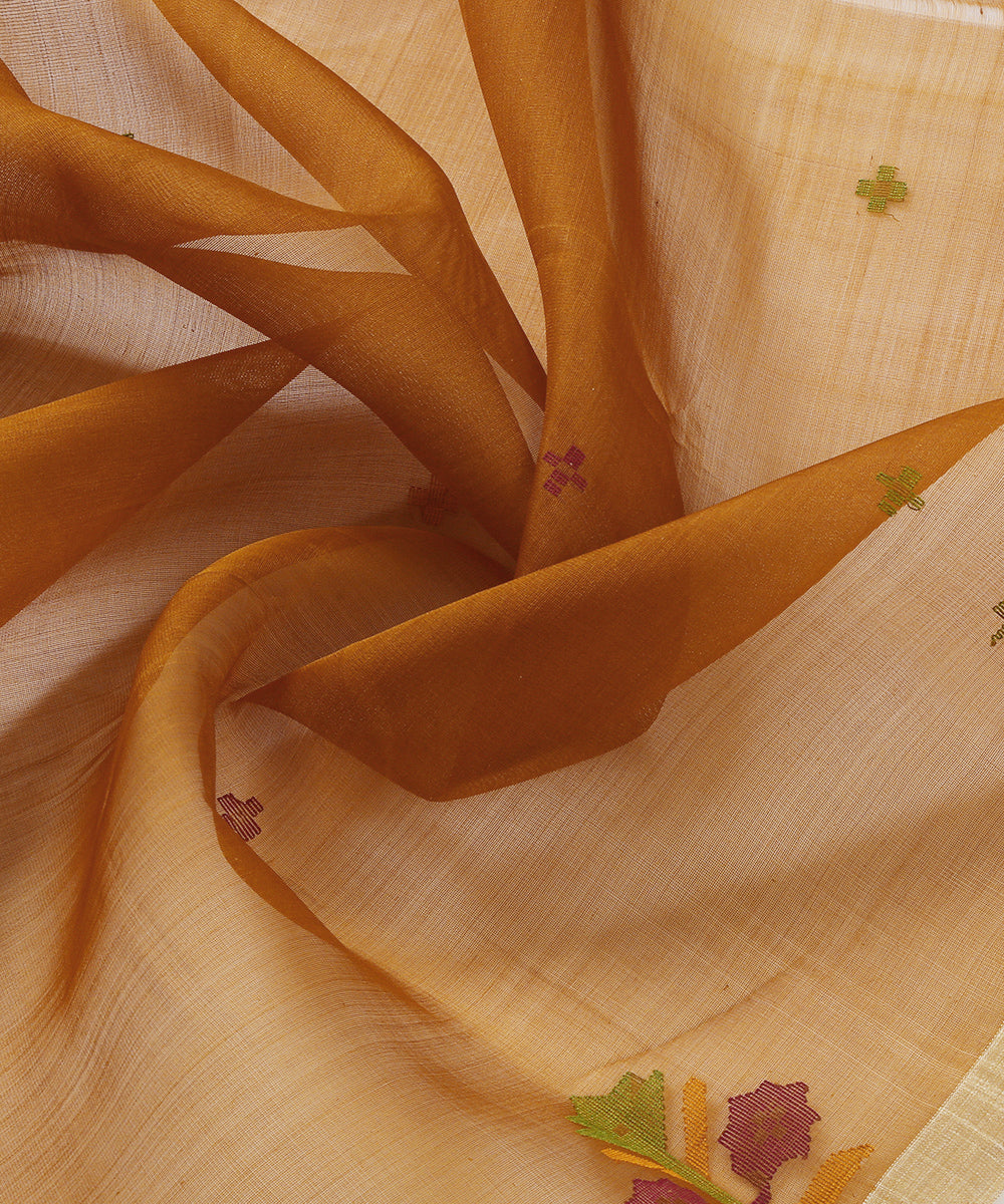 Mustard_Handloom_Silk_Muslin_Jamdani_Saree_With_Floral_Border_WeaverStory_06