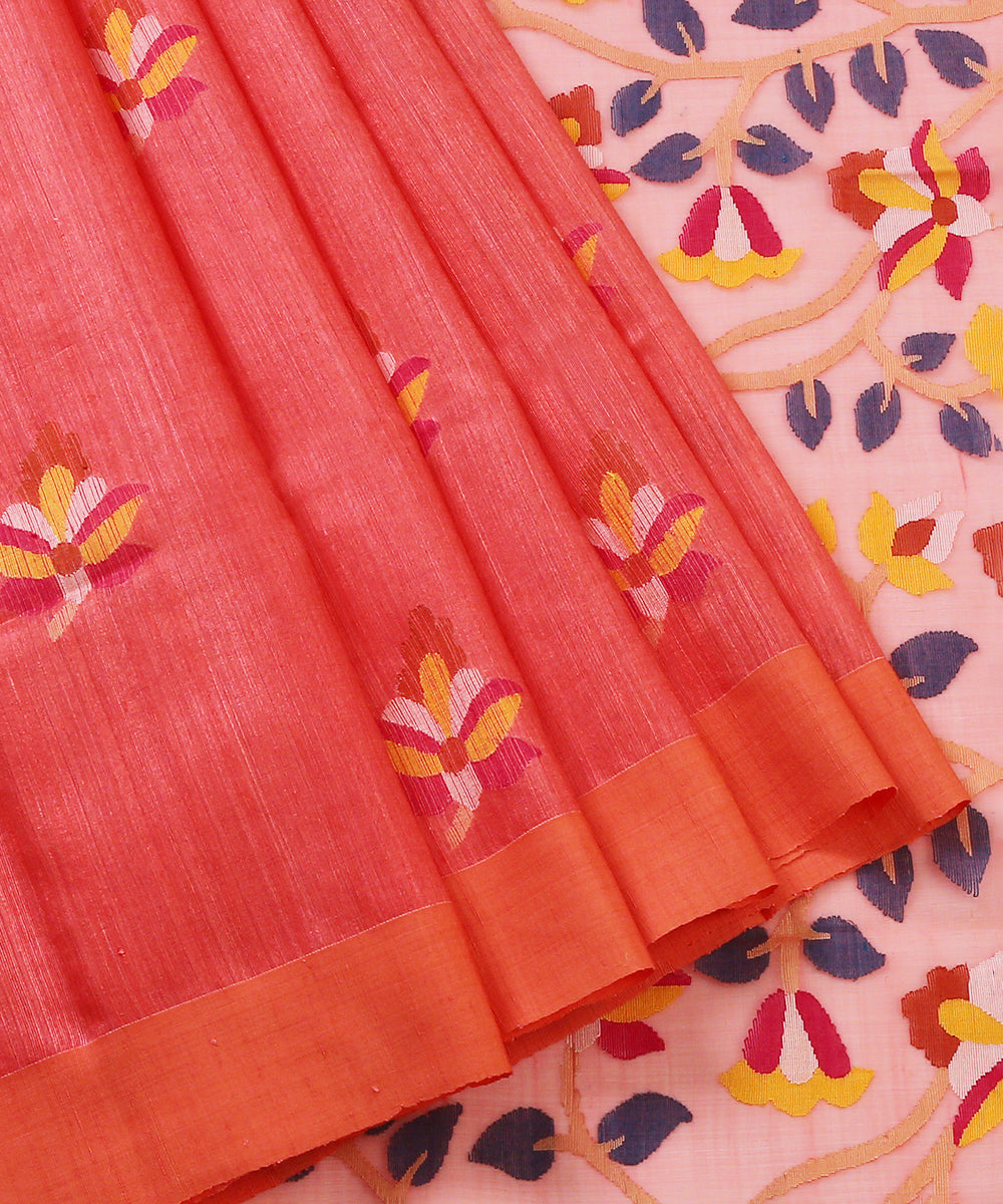 Handloom_Carrot_Colour_Matka_Silk_Saree_With_Muslin_Jamdani_Pallu_WeaverStory_02