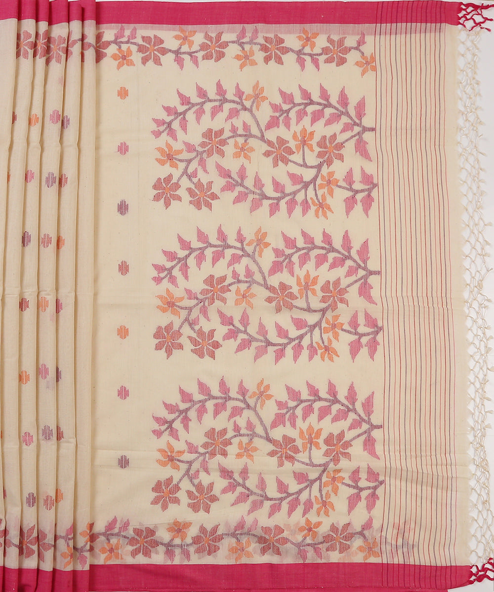 Handloom_White_Cotton_Jamdani_Saree_With_Floral_Border_Pallu_WeaverStory_04