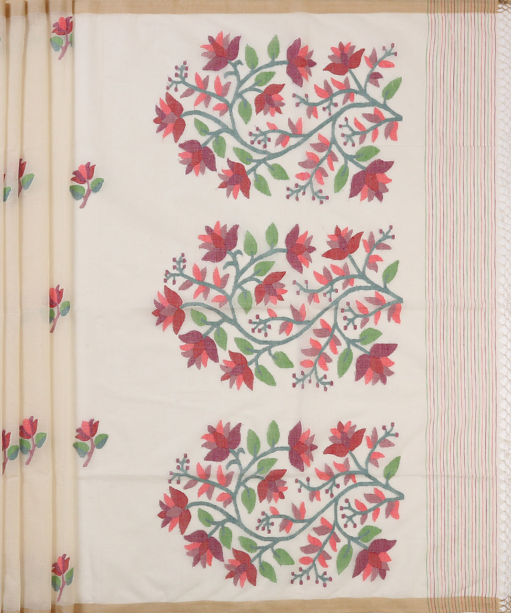 Handloom_White_Muslin_Jamdani_Saree_With_Multi_Color_Floral_Border_Pallu_WeaverStory_04