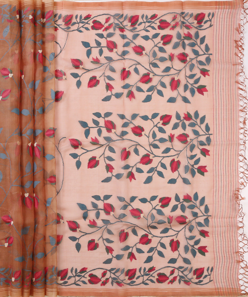 Handloom_Chocolate_Brown_Muslin_Jamdani_Saree_With_Floral_Pattern_Woven_All_Over_WeaverStory_04